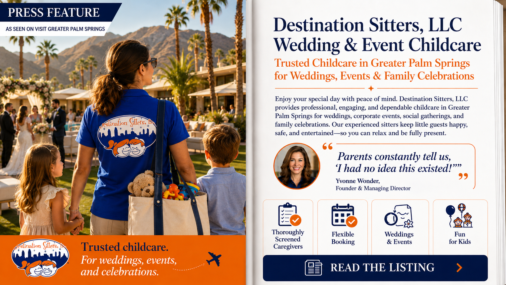 Visit Greater Palm Springs listing for Destination Sitters wedding and event childcare