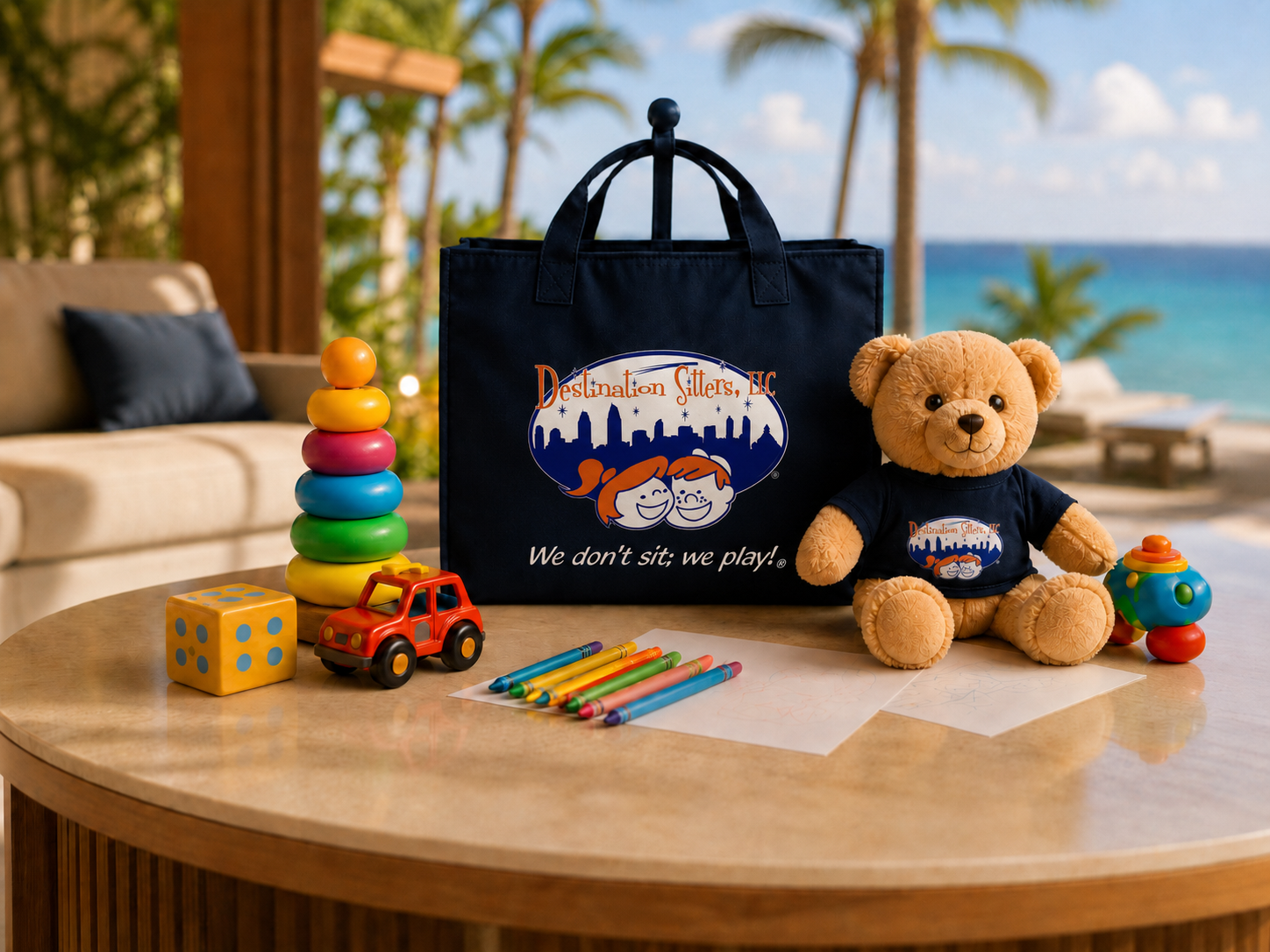 Destination Sitters media room hero image showing travel childcare themed professional media imagery
