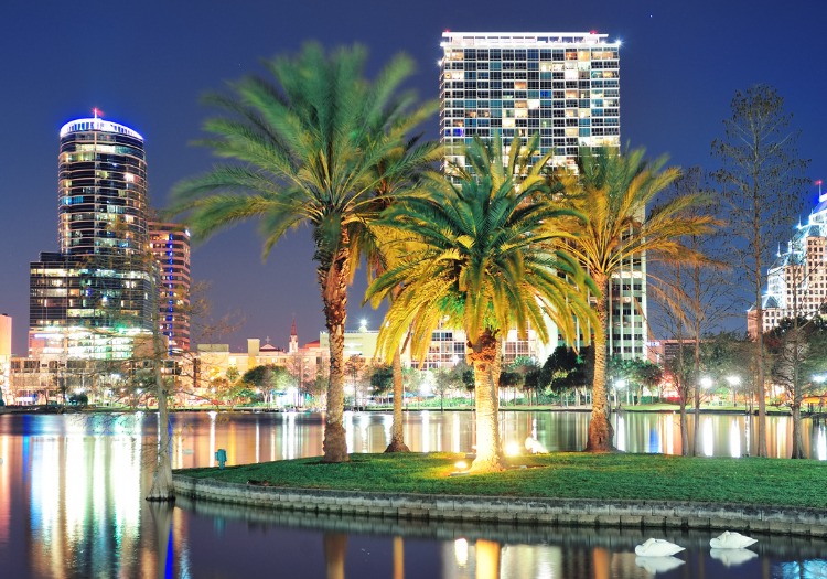 Nighttime view of the Orlando, FL skyline.
