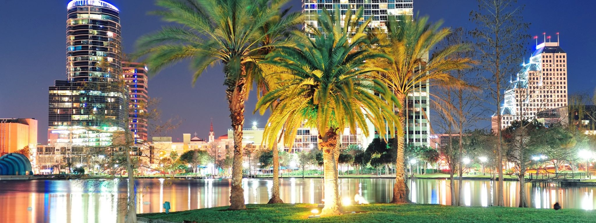 A nighttime view of downtown Orlando, Florida.