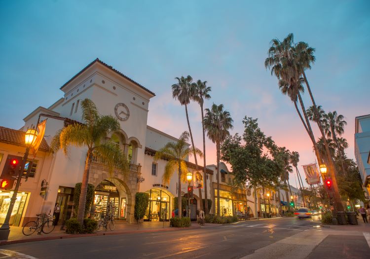 State Street retail district in downtown Santa Barbara, CA.