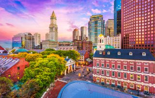 Boston hotels and historic skyline.