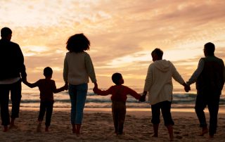 Family, travel by sunset