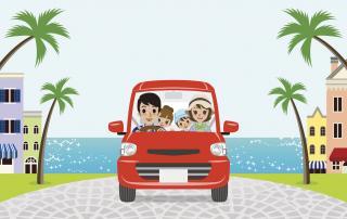 Happy family travelling in car together.